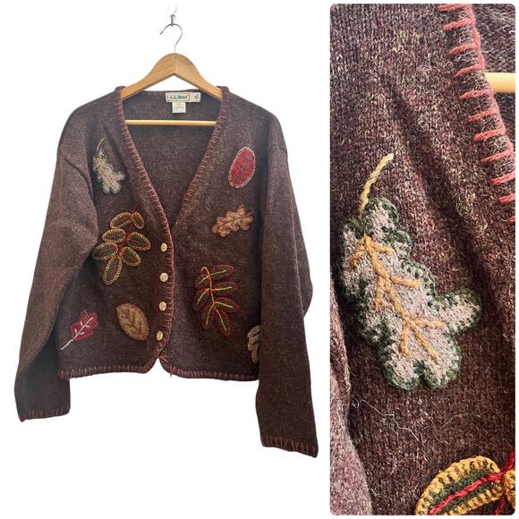 Vintage LL Bean Flaw Shetland Wool Appliqué Button Up Cardigan Size Large - Picture 11 of 11